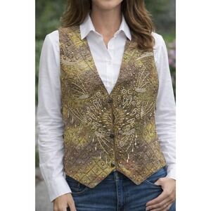 Beaded‎ Sequin Boho Statement Vest Gold Tan Green